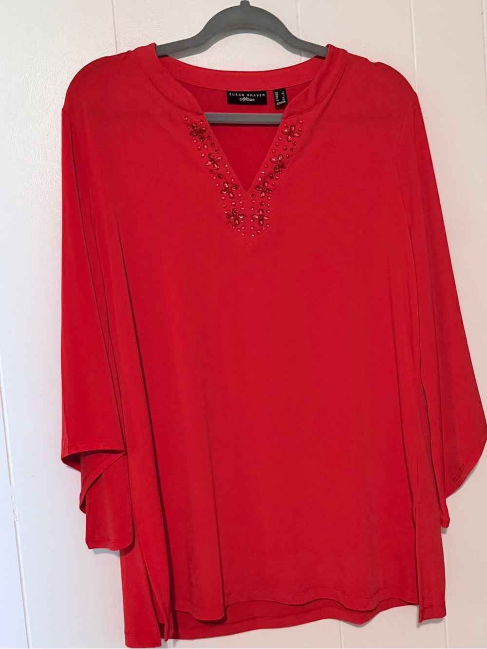 Susan Graver Red V-Neck Tunic with Embellished Floral Gems Size L